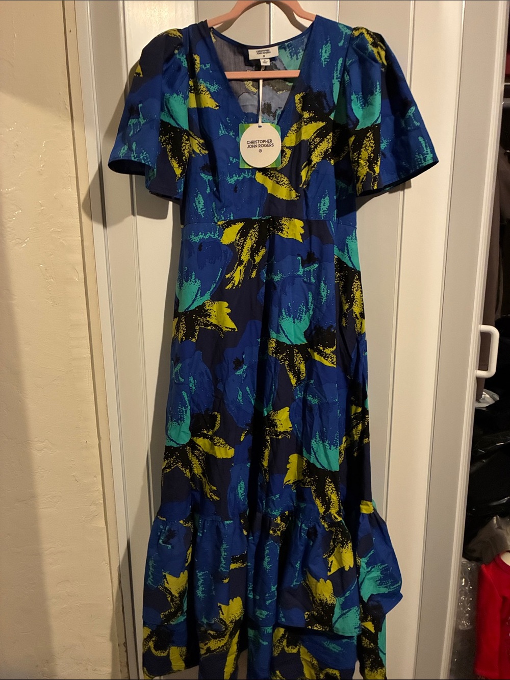 Christopher John Rogers Navy Blue, Teal & Yellow Floral Kids Dress